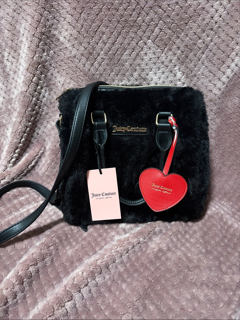 Juicy Couture Black Faux Fur Crossbody with Red Heart Charm